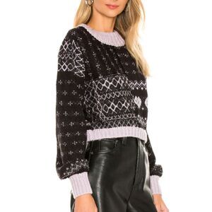 FREE PEOPLE BLACK W/PURPLE HEARTS CREW NECK CROPPED WOOL/ALPACA MEDIUM SWEATER